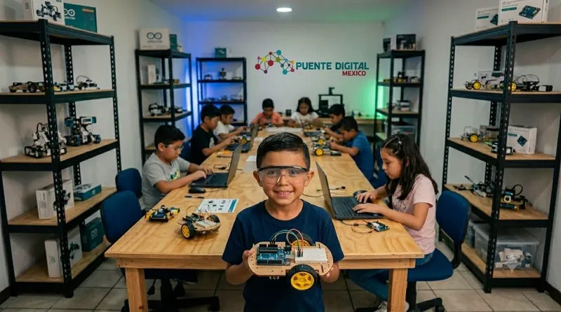 Aula del curso Puente Digital en Plaza San José — espacio de trabajo con mesas, computadoras y material de robótica