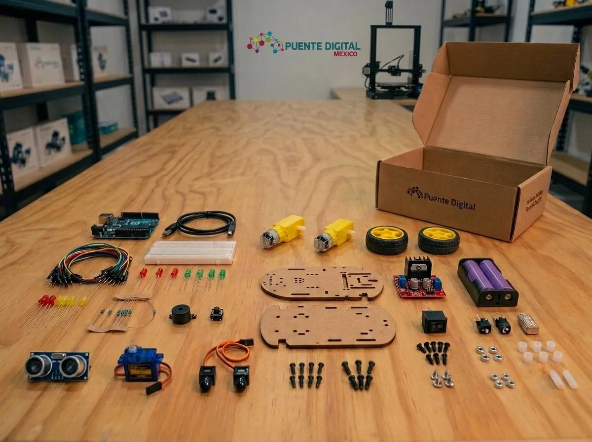 Kit de robótica completo — Arduino, sensores, cables, servos y todos los componentes incluidos en el curso